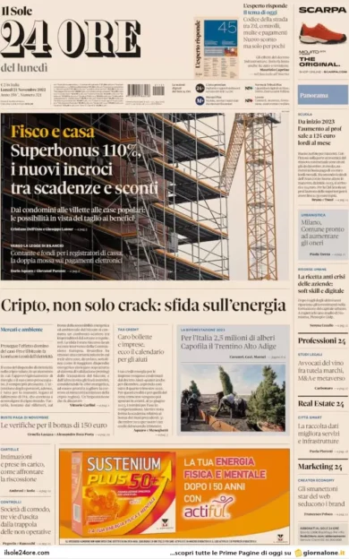 Prime pagine giornali economici 21 novembre. Pensioni, accordo su Quota 103