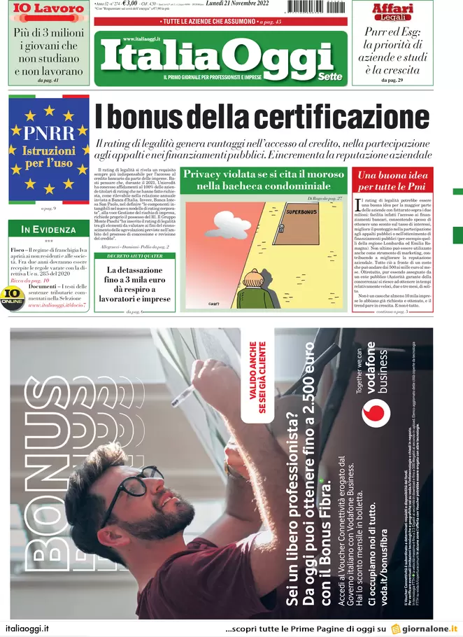 Prime pagine giornali economici 21 novembre. Pensioni, accordo su Quota 103 Prime pagine giornali economici 21 novembre. Pensioni, accordo su Quota 103