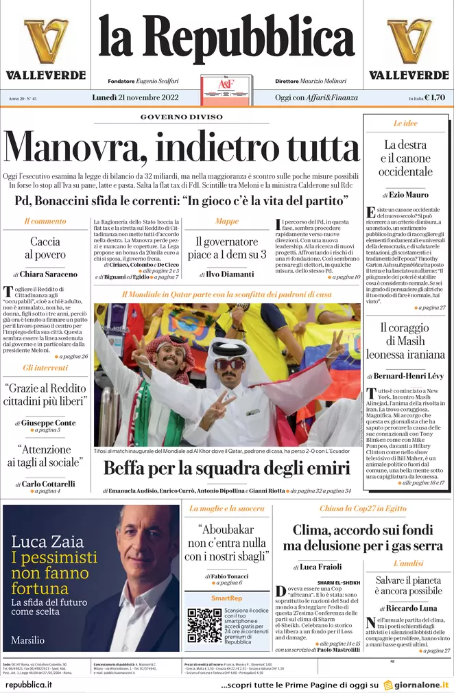 Prime pagine giornali 21 novembre 2022. Manovra, scontro sul taglio del Rdc