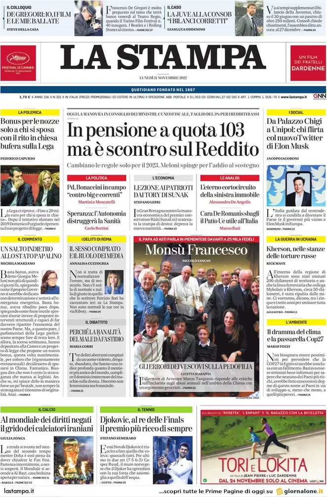 Prime pagine giornali 21 novembre 2022. Manovra, scontro sul taglio del Rdc
