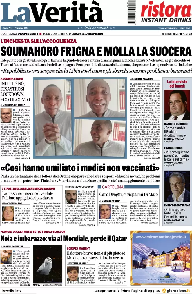 Prime pagine giornali 21 novembre 2022. Manovra, scontro sul taglio del Rdc