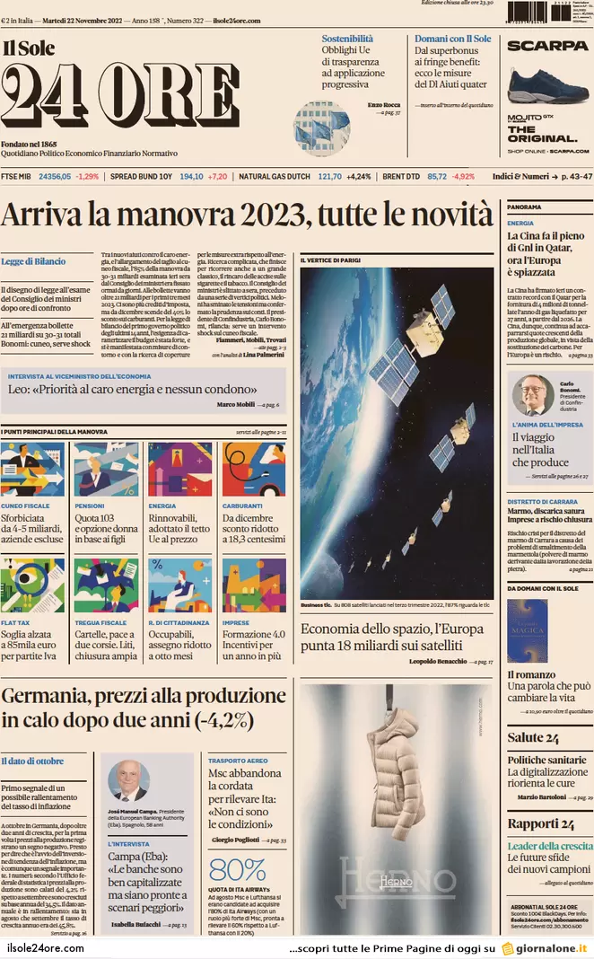 Prime pagine giornali 22 novembre 2022. La Chiesa tedesca sfida il Papa Prime pagine giornali 22 novembre 2022. La Chiesa tedesca sfida il Papa