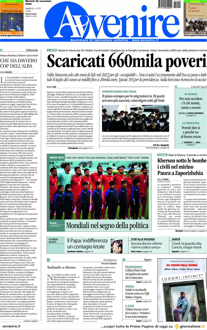 Prime pagine giornali 22 novembre 2022. La Chiesa tedesca sfida il Papa Prime pagine giornali 22 novembre 2022. La Chiesa tedesca sfida il Papa