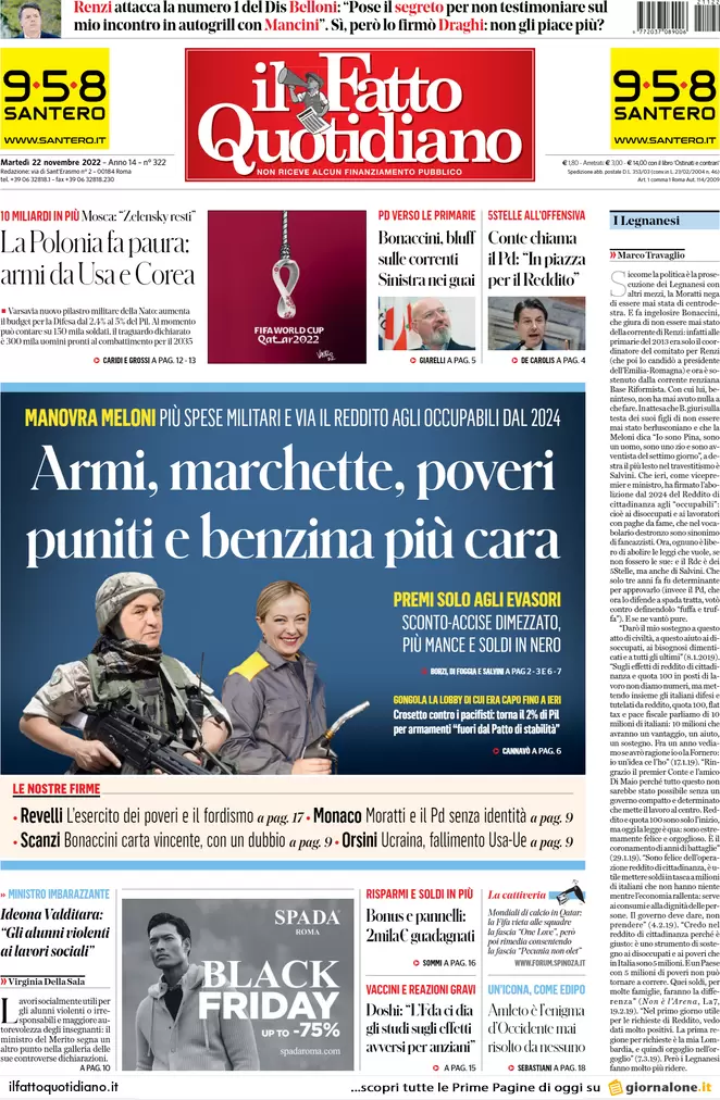Prime pagine giornali 22 novembre 2022. La Chiesa tedesca sfida il Papa Prime pagine giornali 22 novembre 2022. La Chiesa tedesca sfida il Papa