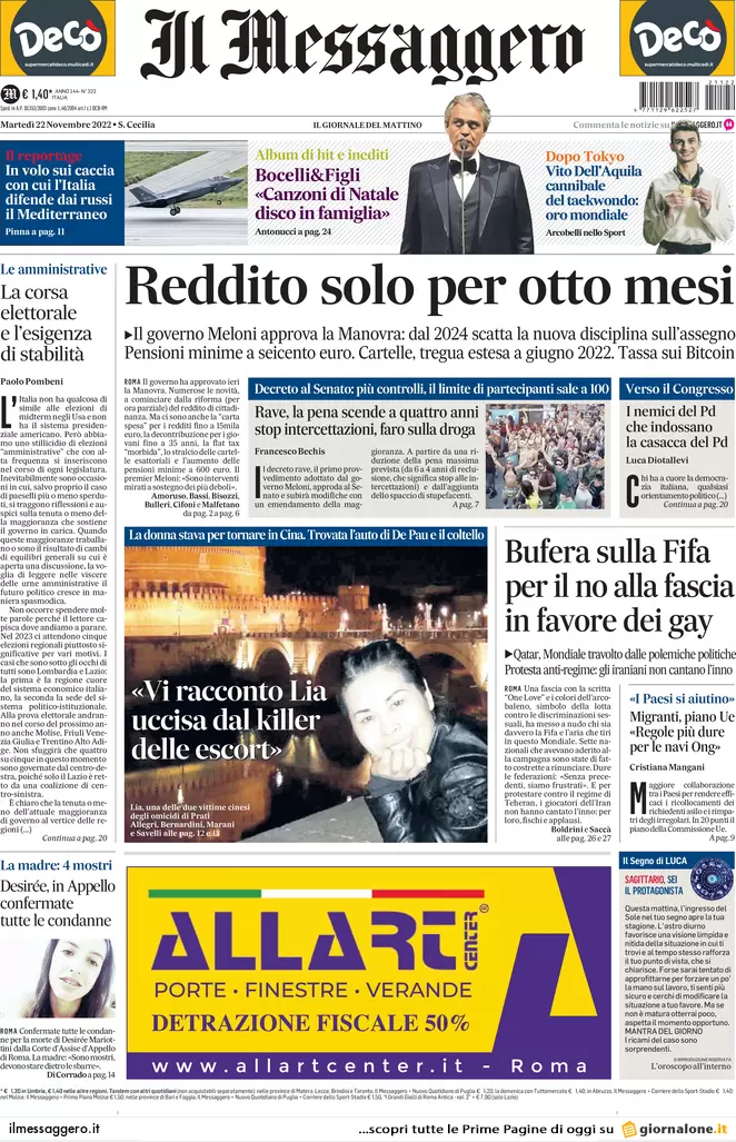 Prime pagine giornali 22 novembre 2022. La Chiesa tedesca sfida il Papa Prime pagine giornali 22 novembre 2022. La Chiesa tedesca sfida il Papa
