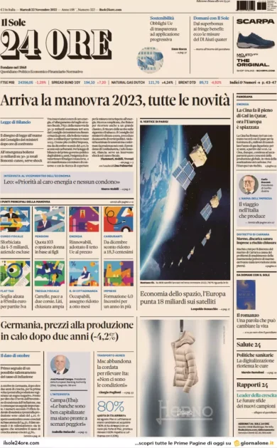 Prime pagine giornali economici 22 novembre. Tim, pieni poteri a Meloni