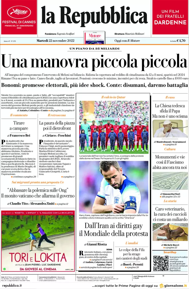 Prime pagine giornali 22 novembre 2022. La Chiesa tedesca sfida il Papa Prime pagine giornali 22 novembre 2022. La Chiesa tedesca sfida il Papa