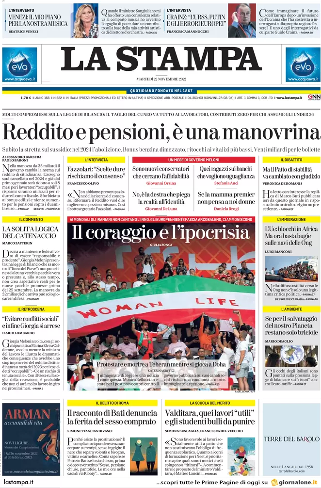 Prime pagine giornali 22 novembre 2022. La Chiesa tedesca sfida il Papa Prime pagine giornali 22 novembre 2022. La Chiesa tedesca sfida il Papa