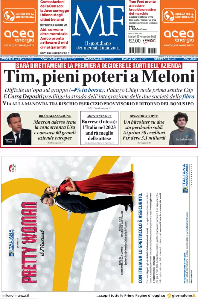 Prime pagine giornali economici 22 novembre. Tim, pieni poteri a Meloni