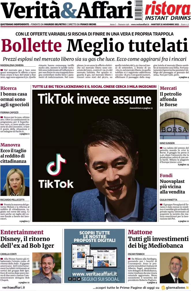 Prime pagine giornali economici 22 novembre. Tim, pieni poteri a Meloni