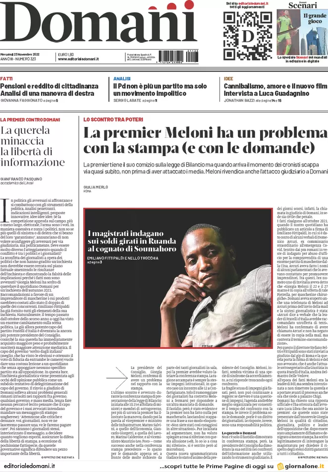 Prime pagine giornali 23 novembre 2022. Serial killer Roma, 600 € per la fuga Prime pagine giornali 23 novembre 2022. Serial killer Roma, 600 € per la fuga