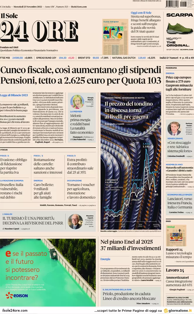 Prime pagine giornali economici 23 novembre. Bollette, 9 mld per le famiglie Prime pagine giornali economici 23 novembre. Bollette, 9 mld per le famiglie