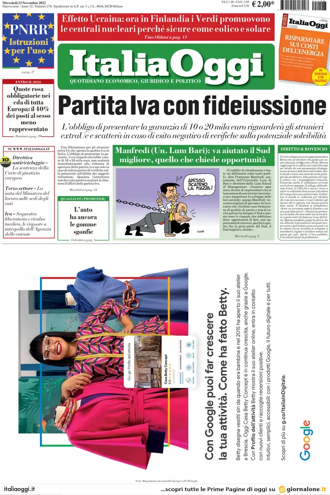 Prime pagine giornali economici 23 novembre. Bollette, 9 mld per le famiglie