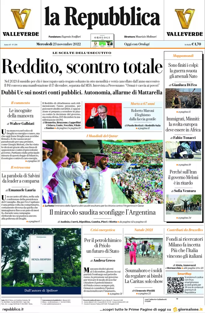 Prime pagine giornali 23 novembre 2022. Serial killer Roma, 600 € per la fuga Prime pagine giornali 23 novembre 2022. Serial killer Roma, 600 € per la fuga