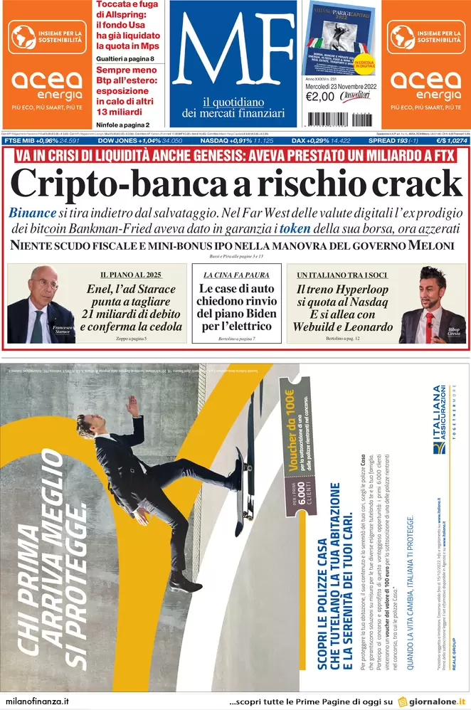 Prime pagine giornali economici 23 novembre. Bollette, 9 mld per le famiglie