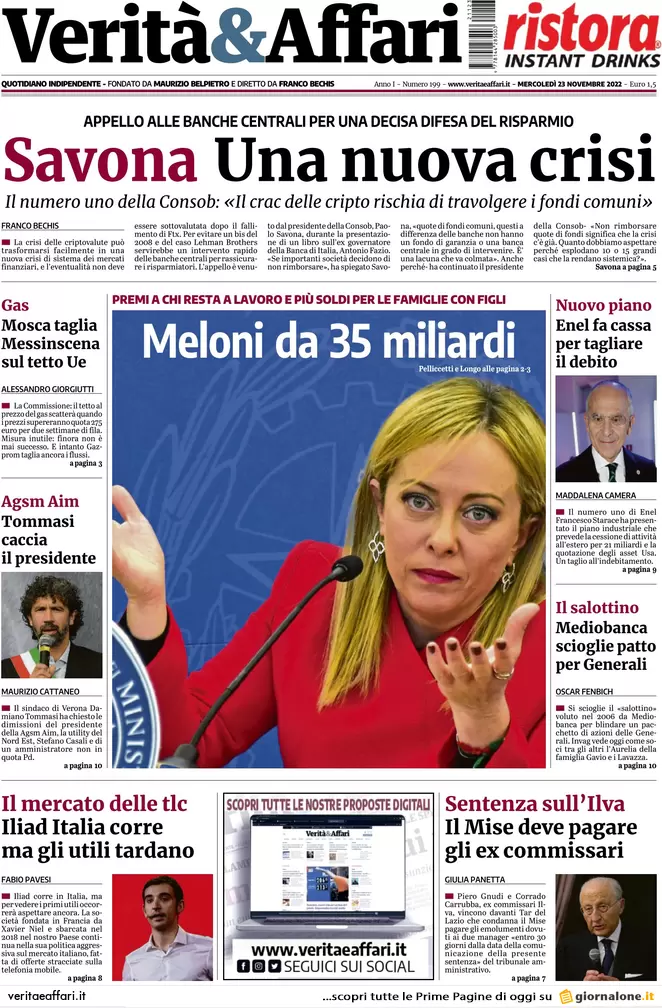 Prime pagine giornali economici 23 novembre. Bollette, 9 mld per le famiglie