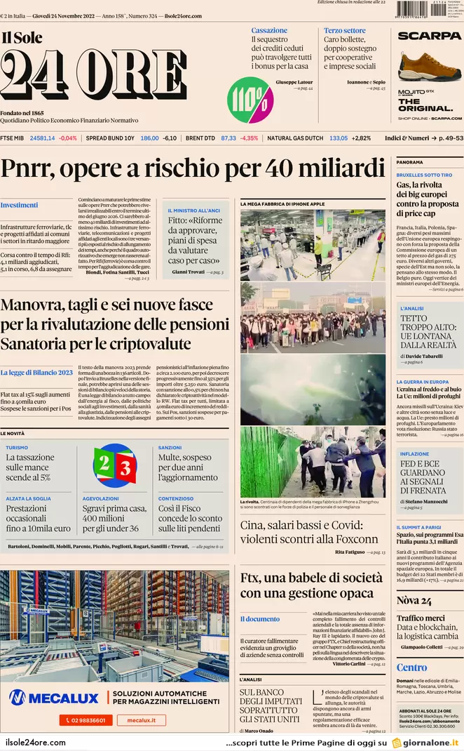 Prime pagine giornali 24 novembre 2022. Manovra, condono sulle criptovalute