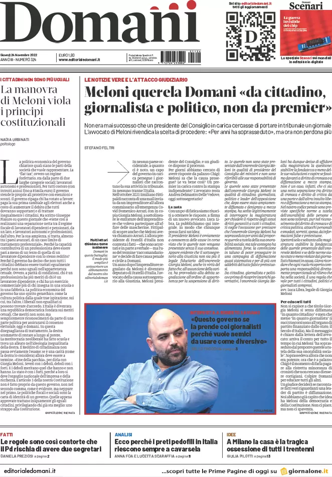 Prime pagine giornali 24 novembre 2022. Manovra, condono sulle criptovalute