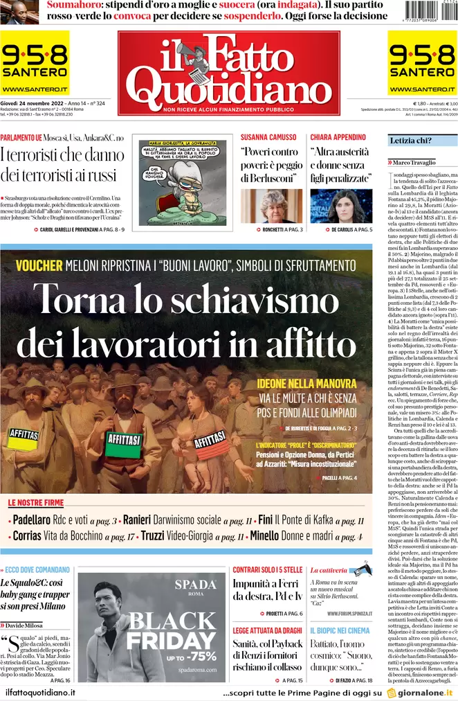 Prime pagine giornali 24 novembre 2022. Manovra, condono sulle criptovalute