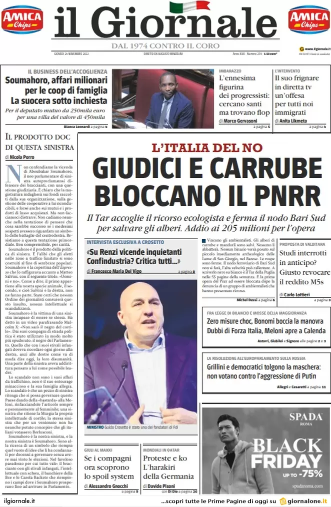 Prime pagine giornali 24 novembre 2022. Manovra, condono sulle criptovalute