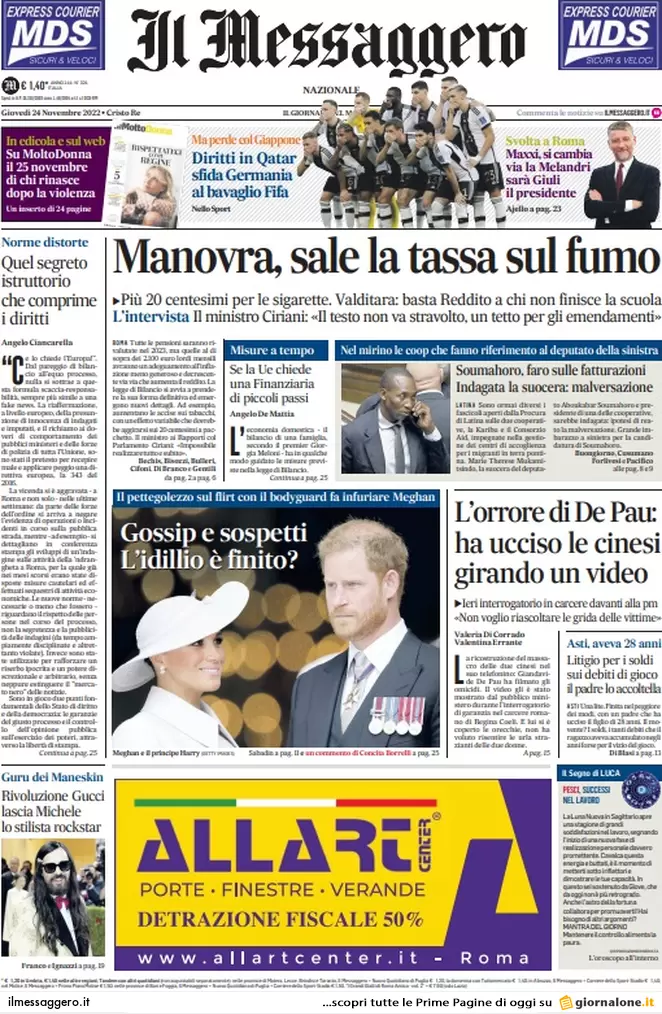 Prime pagine giornali 24 novembre 2022. Manovra, condono sulle criptovalute