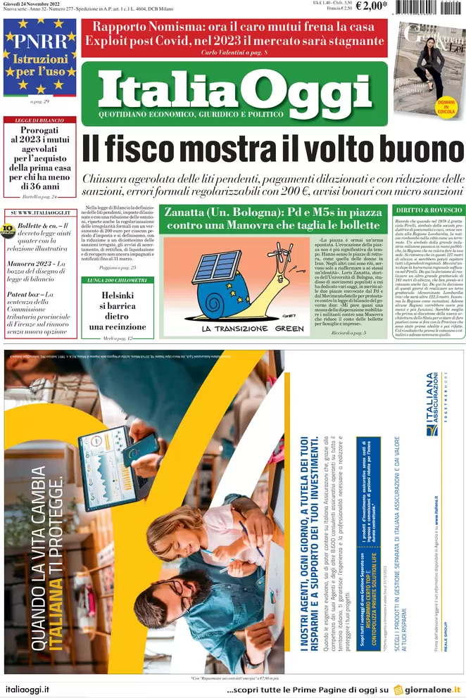 Prime pagine giornali economici 24 novembre. Pnrr, opere a rischio per 40 mld