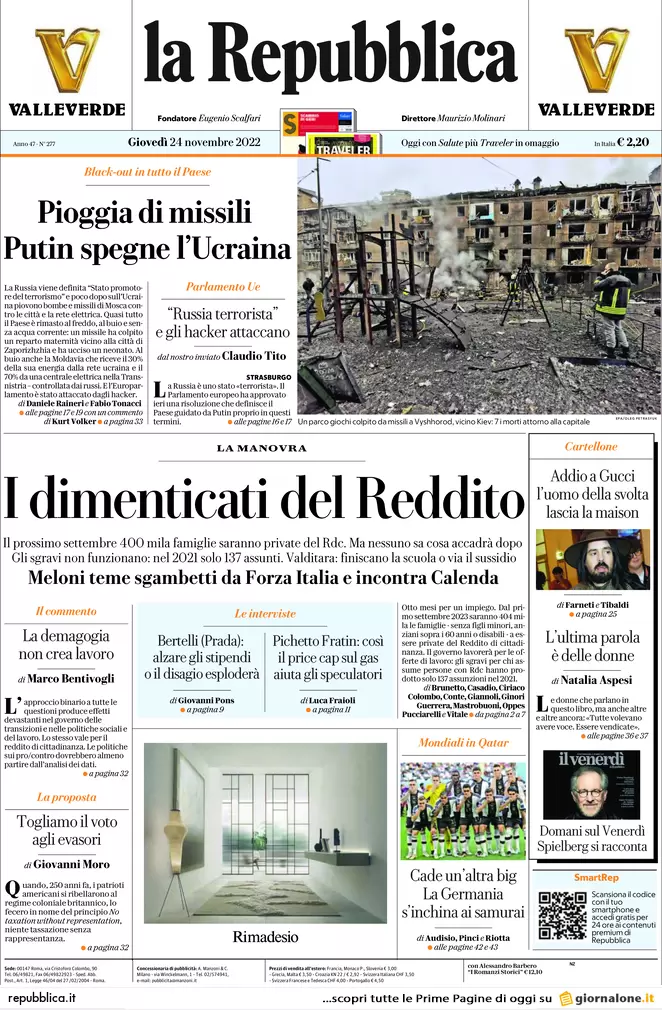 Prime pagine giornali 24 novembre 2022. Manovra, condono sulle criptovalute