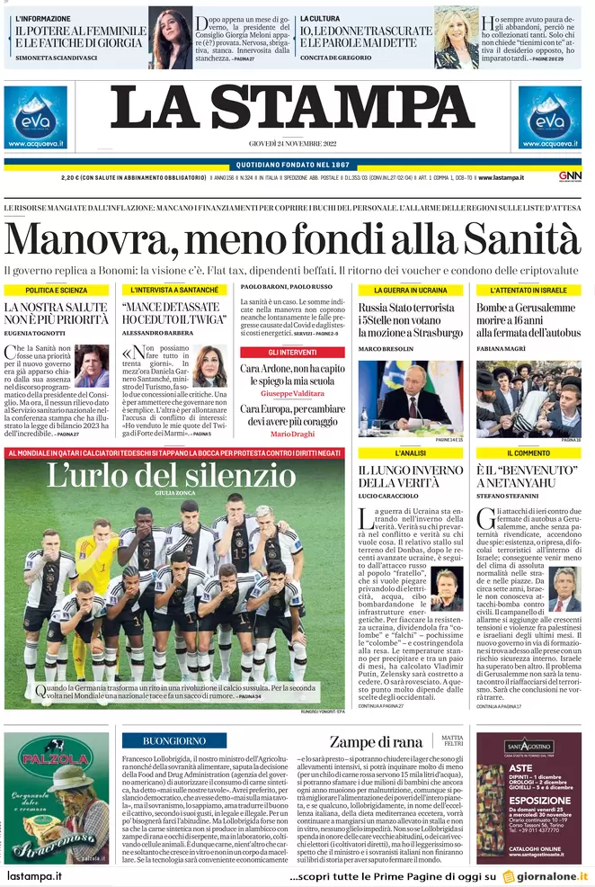 Prime pagine giornali 24 novembre 2022. Manovra, condono sulle criptovalute