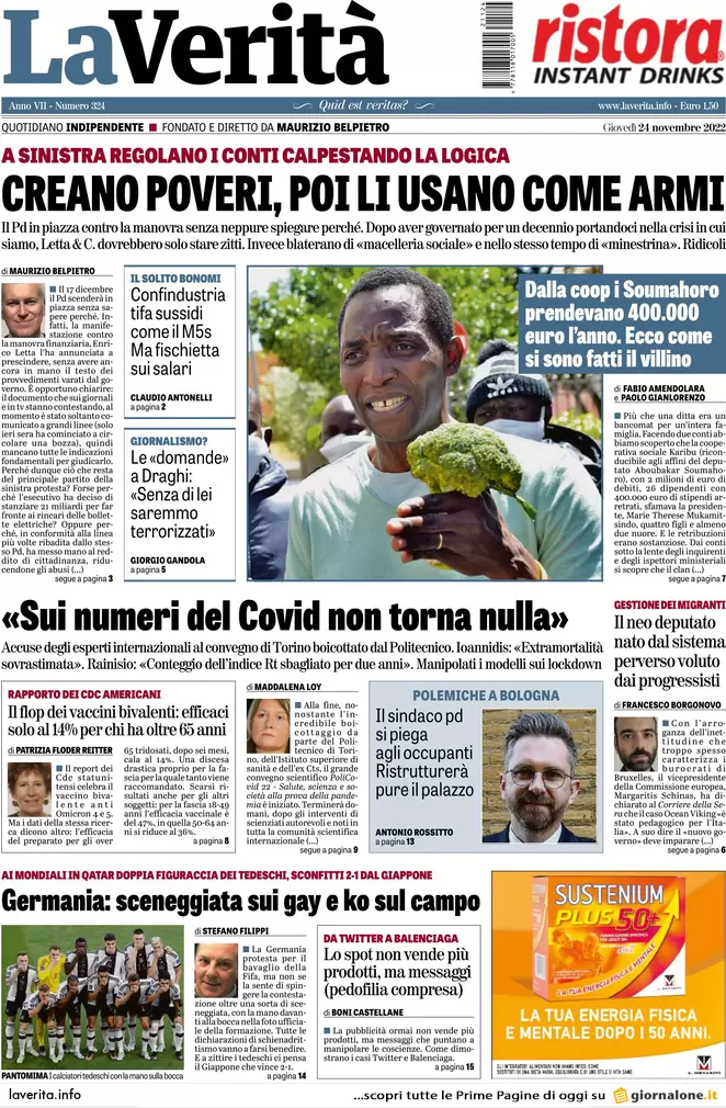 Prime pagine giornali 24 novembre 2022. Manovra, condono sulle criptovalute