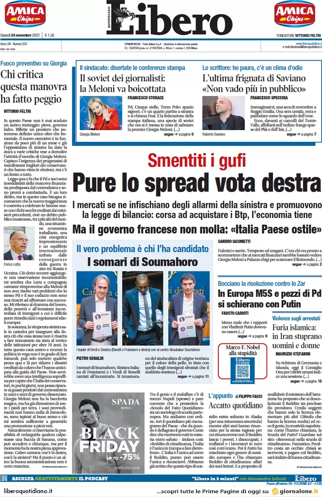 Prime pagine giornali 24 novembre 2022. Manovra, condono sulle criptovalute