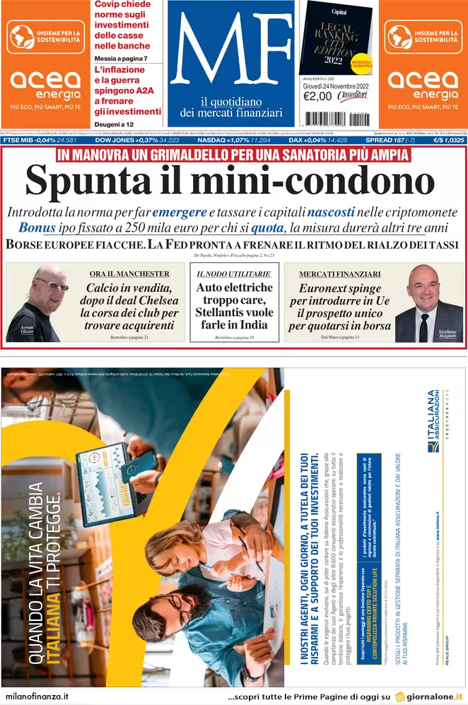 Prime pagine giornali economici 24 novembre. Pnrr, opere a rischio per 40 mld