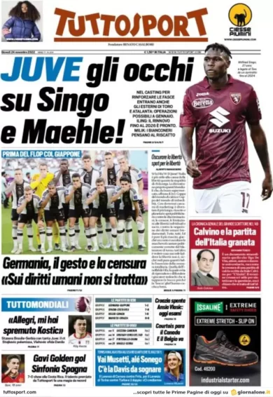 Prime pagine giornali 24 novembre 2022. Manovra, condono sulle criptovalute