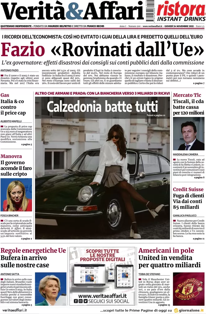Prime pagine giornali economici 24 novembre. Pnrr, opere a rischio per 40 mld