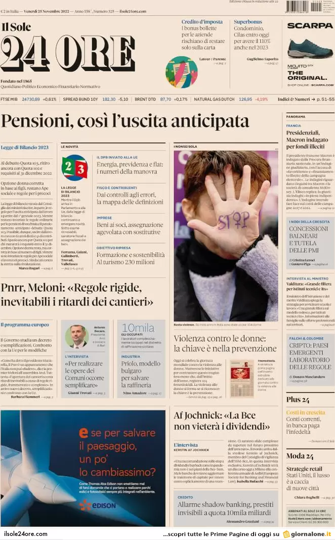 Prime pagine giornali 25 novembre 2022. Europa, Fdi e Lega difendono Orban