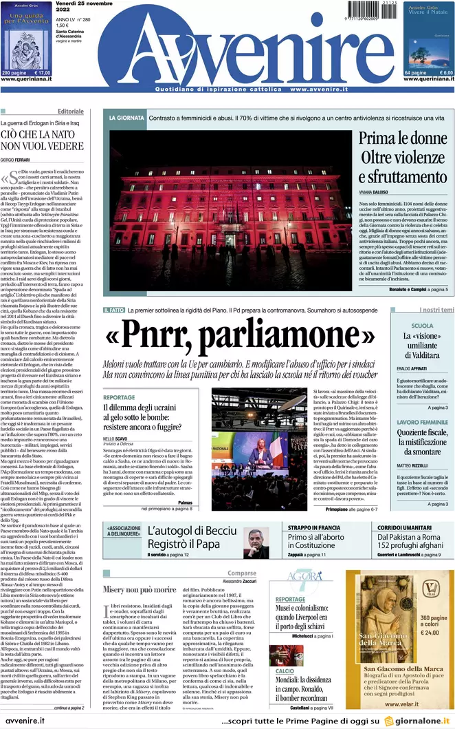 Prime pagine giornali 25 novembre 2022. Europa, Fdi e Lega difendono Orban