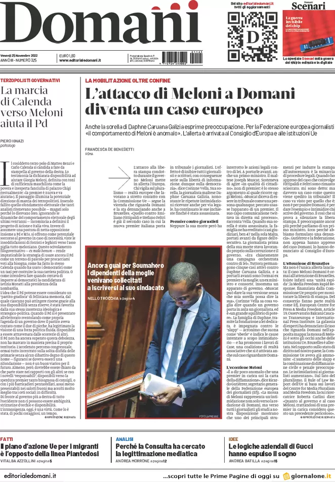 Prime pagine giornali 25 novembre 2022. Europa, Fdi e Lega difendono Orban