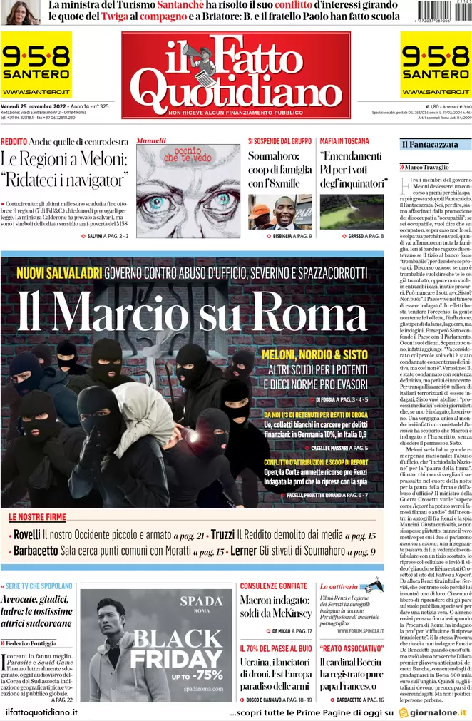 Prime pagine giornali 25 novembre 2022. Europa, Fdi e Lega difendono Orban
