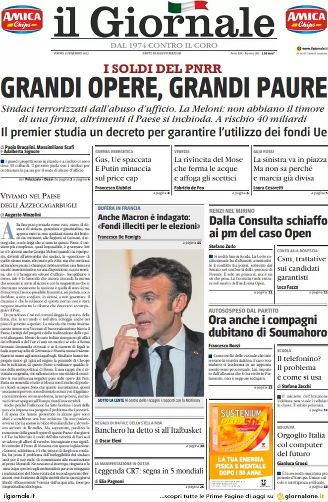 Prime pagine giornali 25 novembre 2022. Europa, Fdi e Lega difendono Orban