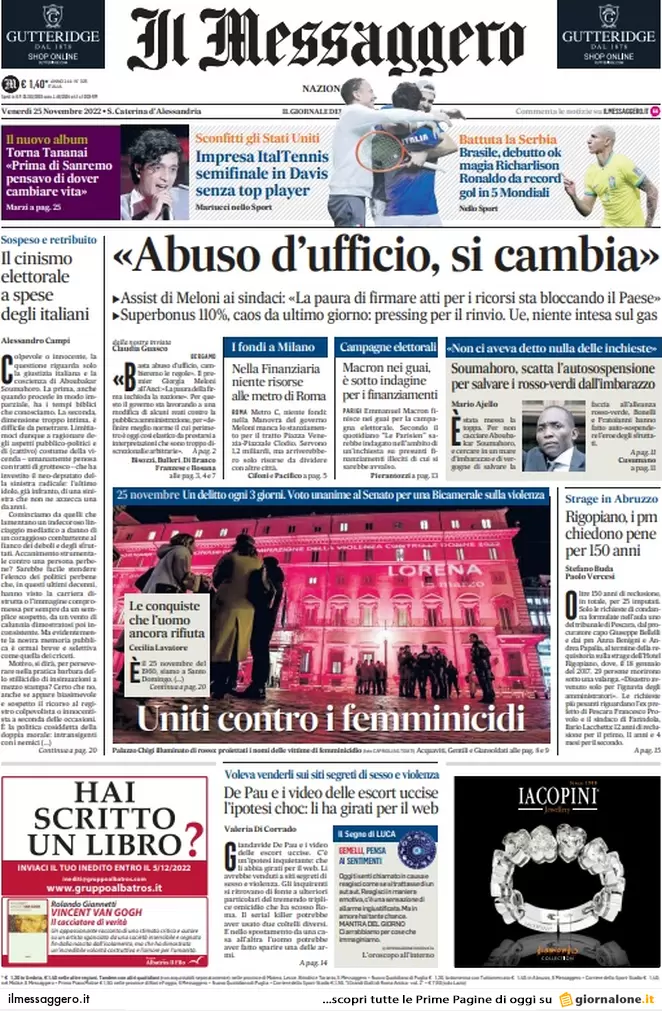 Prime pagine giornali 25 novembre 2022. Europa, Fdi e Lega difendono Orban