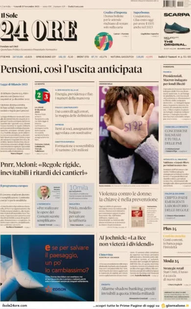 Prime pagine giornali economici 25 novembre. Meloni vuole rinegoziare il Pnrr