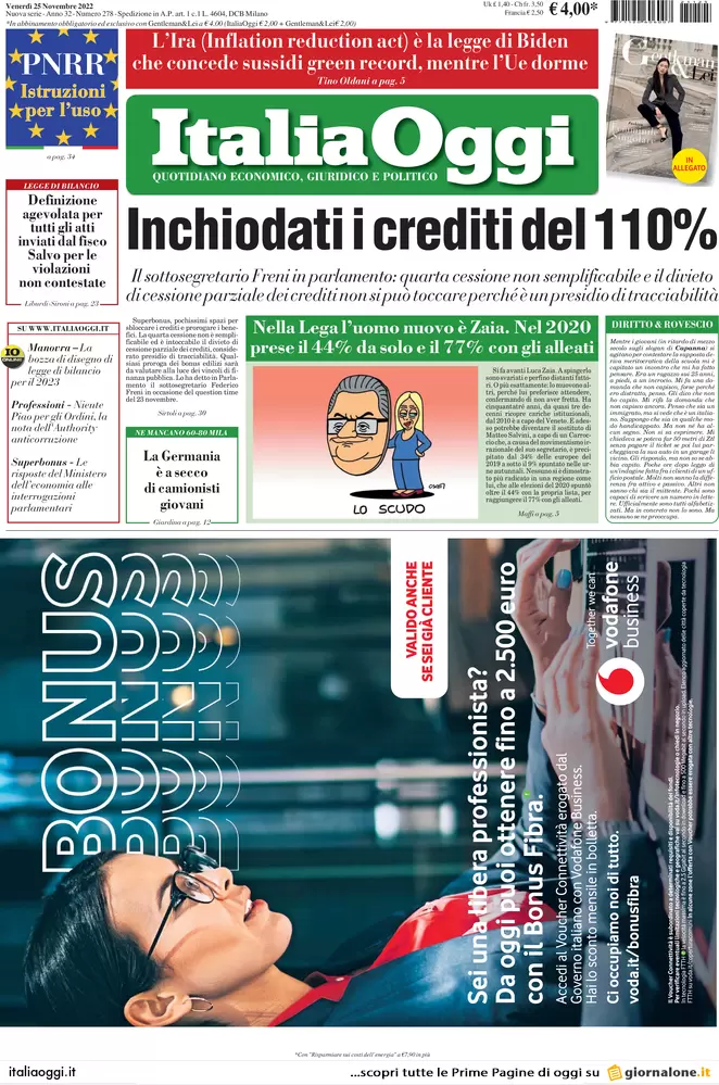 Prime pagine giornali economici 25 novembre. Meloni vuole rinegoziare il Pnrr Prime pagine giornali economici 25 novembre. Meloni vuole rinegoziare il Pnrr