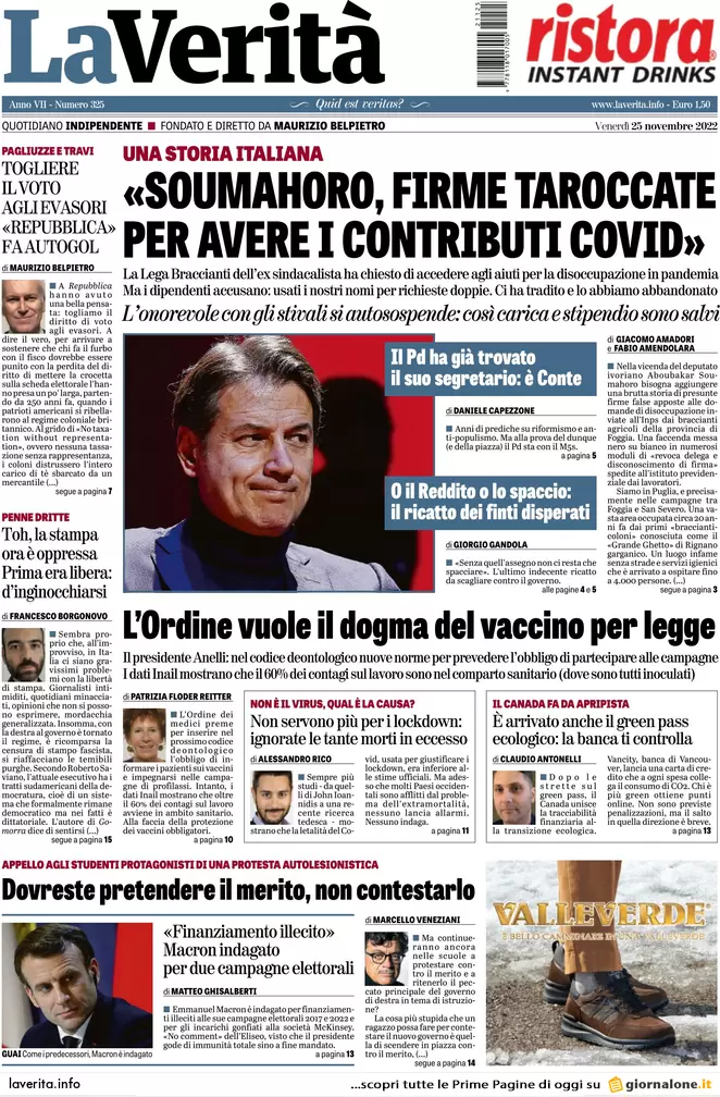Prime pagine giornali 25 novembre 2022. Europa, Fdi e Lega difendono Orban