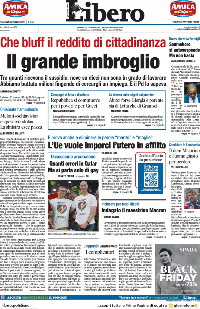 Prime pagine giornali 25 novembre 2022. Europa, Fdi e Lega difendono Orban