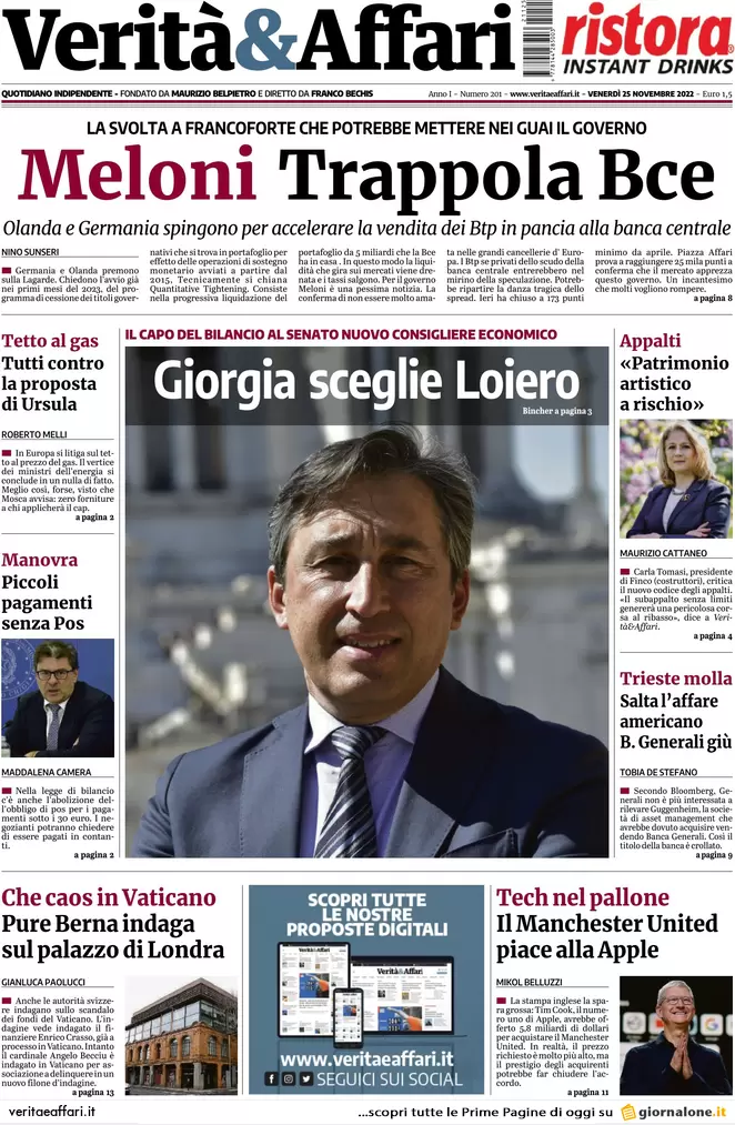 Prime pagine giornali economici 25 novembre. Meloni vuole rinegoziare il Pnrr Prime pagine giornali economici 25 novembre. Meloni vuole rinegoziare il Pnrr