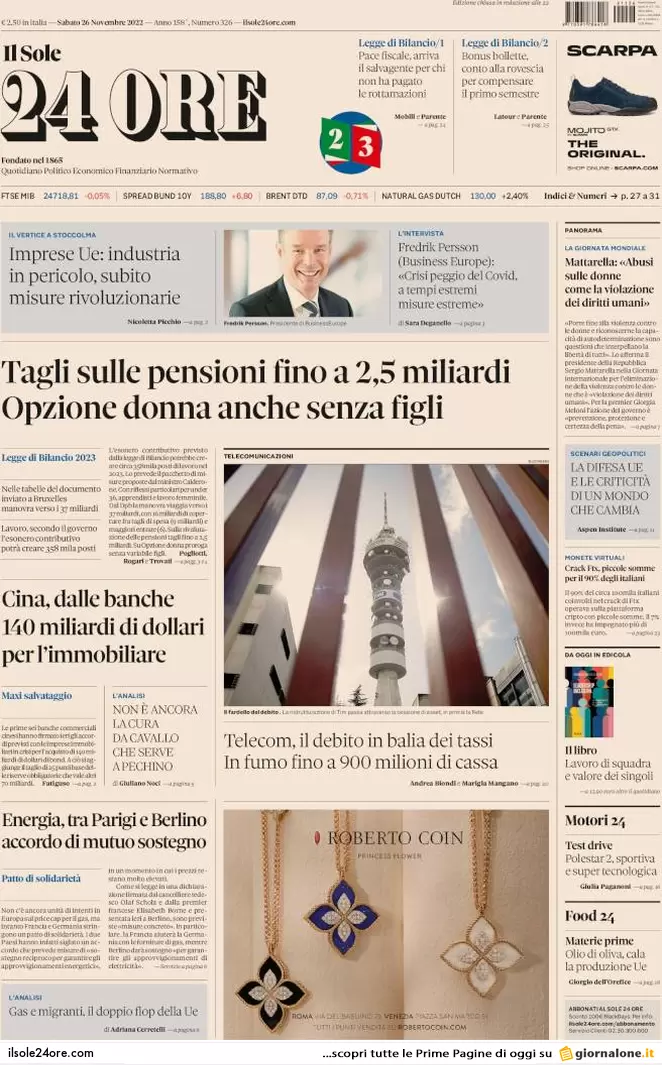 Prime pagine giornali 26 novembre 2022. Migranti e gas, l’Italia resta da sola