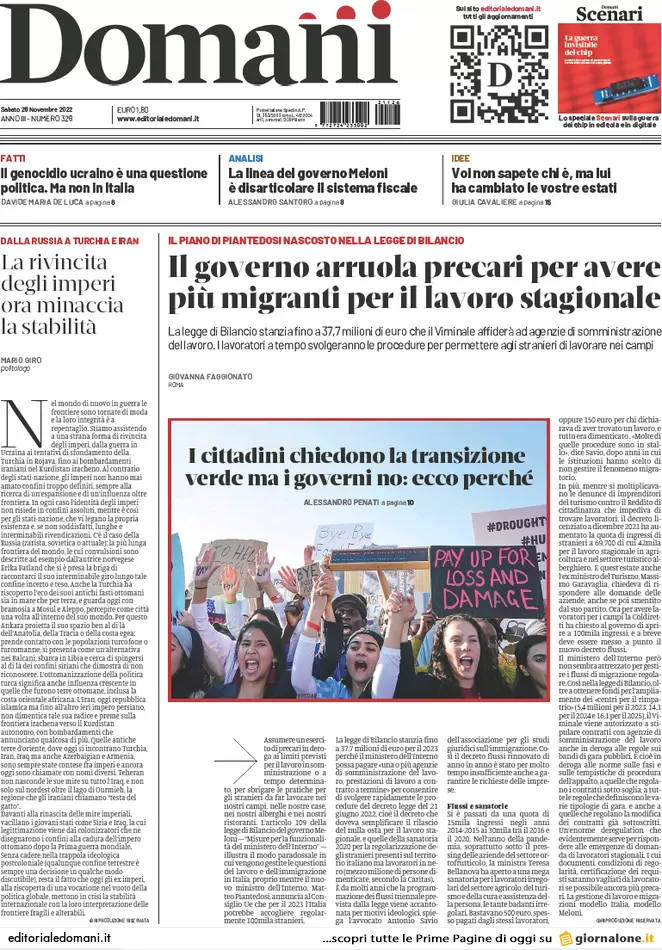 Prime pagine giornali 26 novembre 2022. Migranti e gas, l’Italia resta da sola