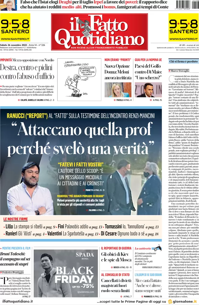 Prime pagine giornali 26 novembre 2022. Migranti e gas, l’Italia resta da sola