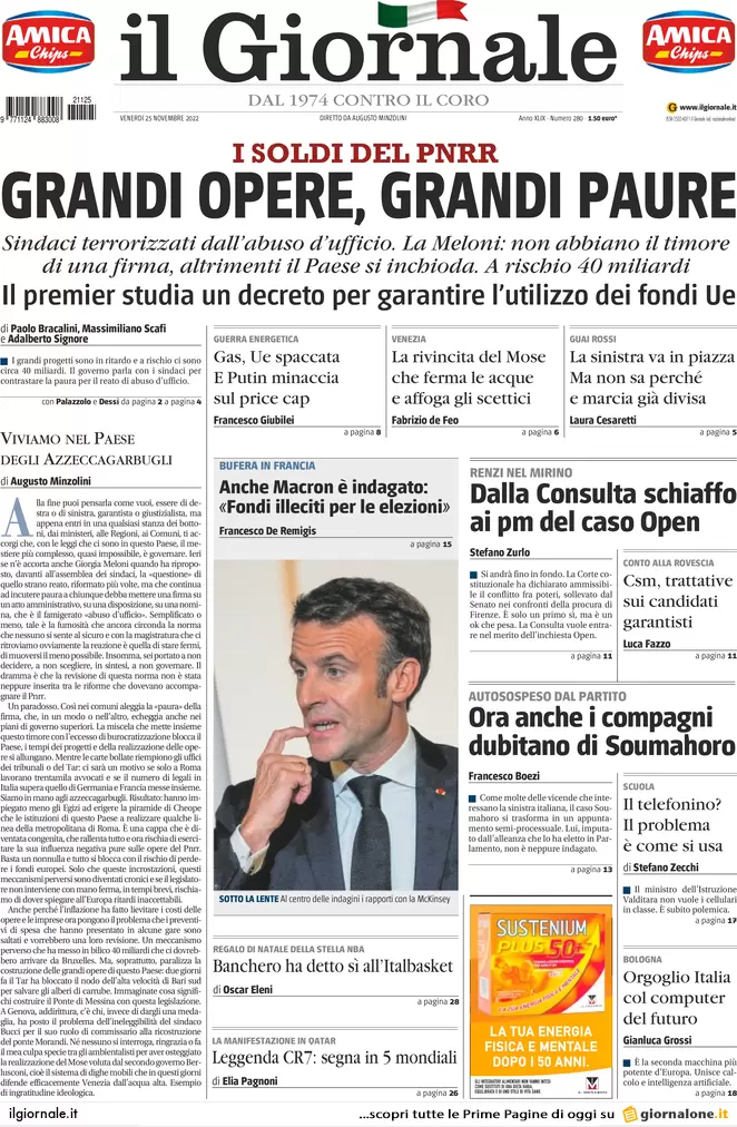 Prime pagine giornali 26 novembre 2022. Migranti e gas, l’Italia resta da sola