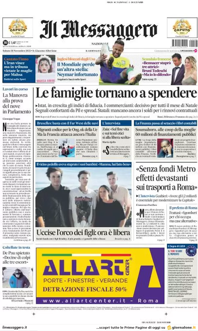 Prime pagine giornali 26 novembre 2022. Migranti e gas, l’Italia resta da sola