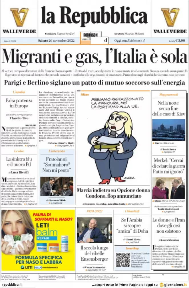 Prime pagine giornali 26 novembre 2022. Migranti e gas, l’Italia resta da sola
